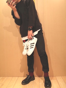 「Dr. Martens（ドクターマーチン）のDr.Martens ドクターマーチン 1461Z 3EYE GIBSON SHOE 3ホール ギブソン シューズ 11838002 BLACK（ブーツ、ブラック系）」を使った、Yukariさん（メンズ・170cm）の春コーディネート