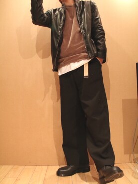 「古着屋のアイテム（ライダースジャケット、ブラック系）」を使った、Yukariさん（メンズ・170cm）の春コーディネート