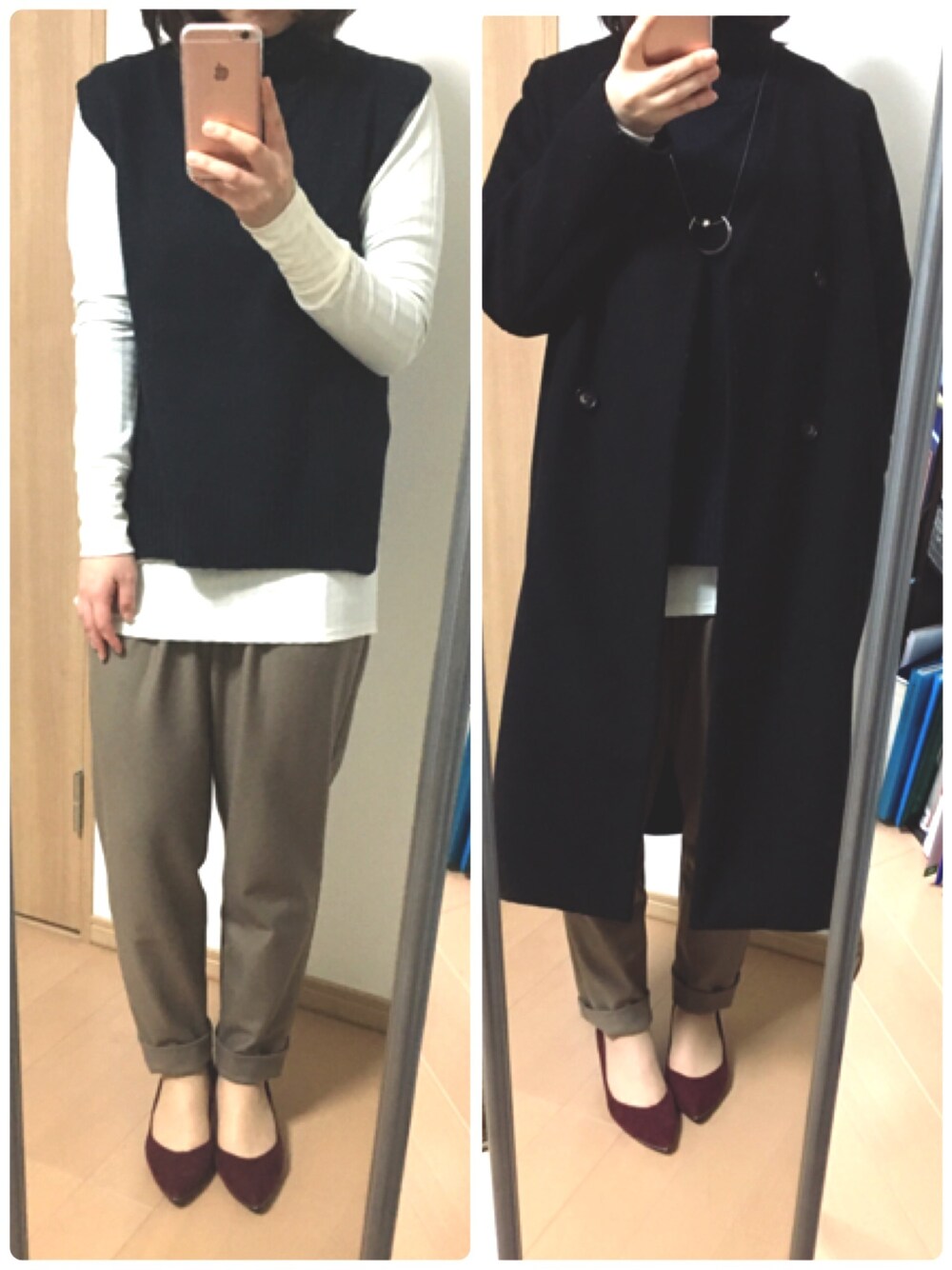 「ニットベスト、テーパードパンツ、ロングコート、きれいめカジュアル」｜「KBFのレイヤードタートルネックベスト（ベスト、ブルー系）」を使った、m.kさん（レディース・154cm）の冬コーディネートの1枚目の写真