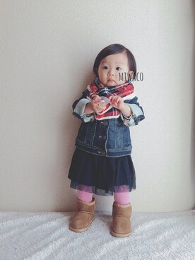 「1歳3ヶ月」｜「アイテム（デニムジャケット）」を使った、みわこさん（キッズ・70cm）の冬コーディネート