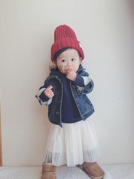 「1歳3ヶ月」｜「アイテム（デニムジャケット）」を使った、みわこさん（キッズ・70cm）の冬コーディネート