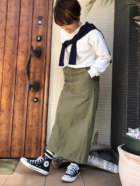 「ボーダーソックス」｜「アイテム（スウェット）」を使った、meguu2020さん（レディース・154cm）の春コーディネート