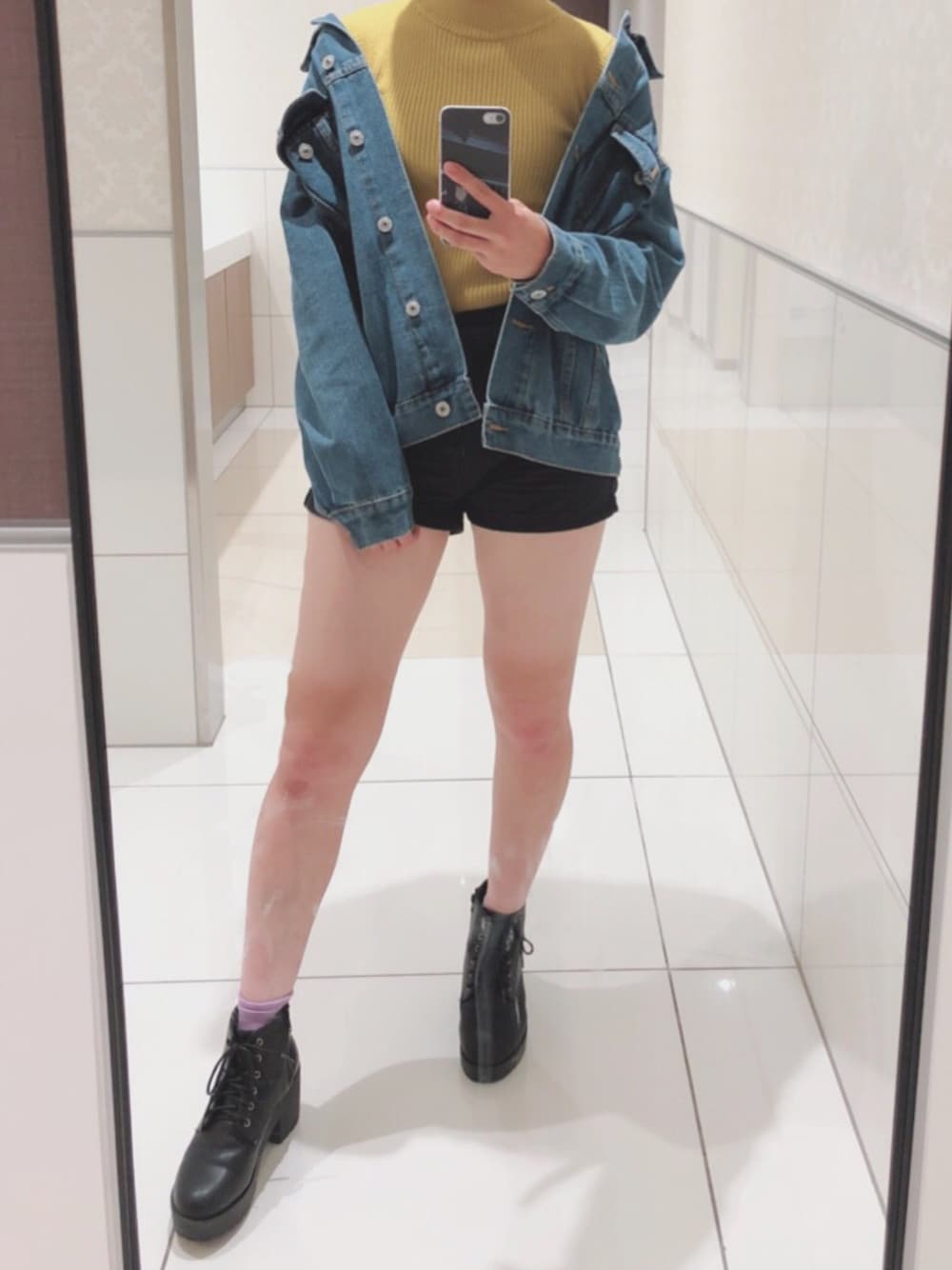 「女子高生、シンプル」｜「通販のアイテム（デニムジャケット、ブルー系）」を使った、るぅさん（レディース・157cm）の夏コーディネートの1枚目の写真