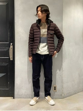 「TAKEO KIKUCHI（タケオキクチ）のアイテム（ダウンジャケット/コート）」を使った、TAKEO KIKUCHIさん（メンズ・174cm）の冬コーディネート