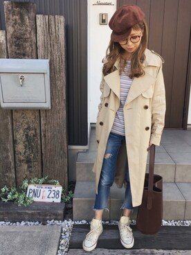 「OZOC（オゾック）のアイテム（トレンチコート）」を使った、清水夏姫さん（レディース・160cm）の冬コーディネート