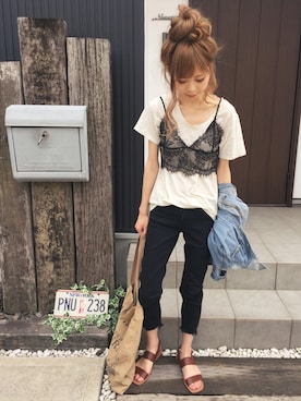 「Ungrid（アングリッド）のストラップサンダル（サンダル）」を使った、清水夏姫さん（レディース・160cm）の夏コーディネート