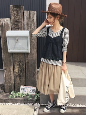 「CIBONE（シボネ）のアイテム（バッグ）」を使った、清水夏姫さん（レディース・160cm）の夏コーディネート