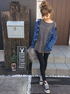 「ゆるニット」｜「アイテム（デニムジャケット）」を使った、清水夏姫さん（レディース・160cm）の秋コーディネート