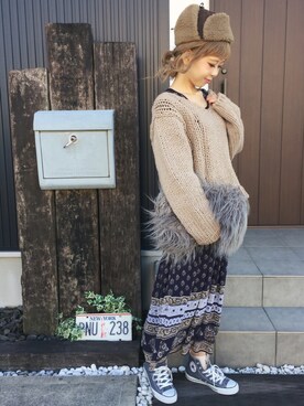 「ファークラッチ」｜「アイテム（ワンピース/ドレス）」を使った、清水夏姫さん（レディース・160cm）の冬コーディネート