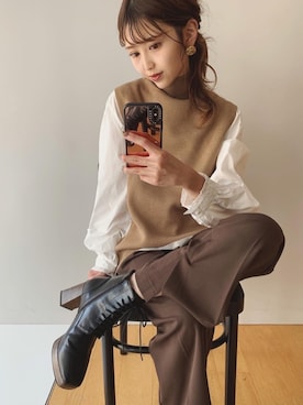 「OZOC（オゾック）のアイテム（ベスト）」を使った、清水夏姫さん（レディース・160cm）の秋コーディネート
