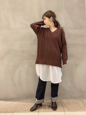 「OZOC（オゾック）のアイテム（ニット/セーター）」を使った、清水夏姫さん（レディース・160cm）の冬コーディネート