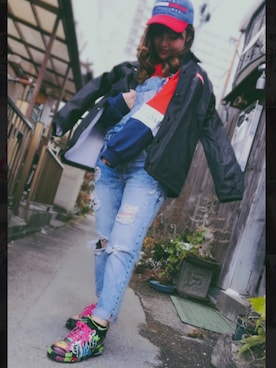 「TOMMY HILFIGER」｜「アイテム（ナイロンジャケット）」を使った、rinaさん（レディース・154cm）の冬コーディネート