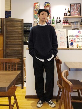 「H&M（エイチ・アンド・エム）のアイテム（ニット/セーター）」を使った、老花さん（メンズ・178cm）の冬コーディネート