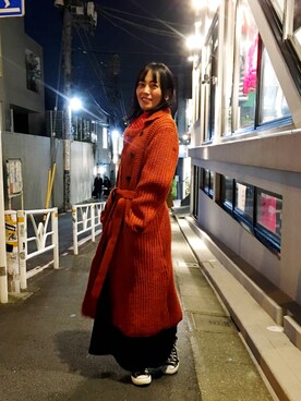 「ニットカーディガン」｜「アイテム（ステンカラーコート）」を使った、Katieさん（レディース・162cm）の冬コーディネート