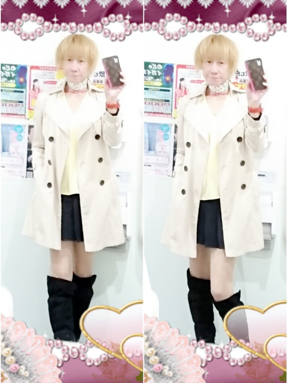 「女装、優稀♂。®️、ミニスカート、ロングブーツ」｜「CECIL McBEEのアイテム（トレンチコート、ベージュ系）」を使った、LadiesLike　優稀。®さん（メンズ・171cm）の秋コーディネートの1枚目の写真