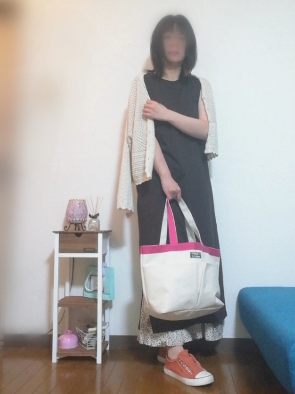 「大人カジュアル、休日スタイル、春コーデ、透かし編みニット、トートバッグ、ワンピース、柄スカート、おしゃれさんと繋がりたい、オトナ女子、GUコーデ」｜「GUのブラフィールキャミソールB（その他アンダーウェア/インナー、ホワイト系）」を使った、はる ◌˳⚛˚⌖capter.01さん（レディース・159cm）の春コーディネートの1枚目の写真