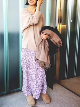 「ムートンブーツ」｜「アイテム（ステンカラーコート）」を使った、akahori_picさん（レディース・161cm）の冬コーディネート