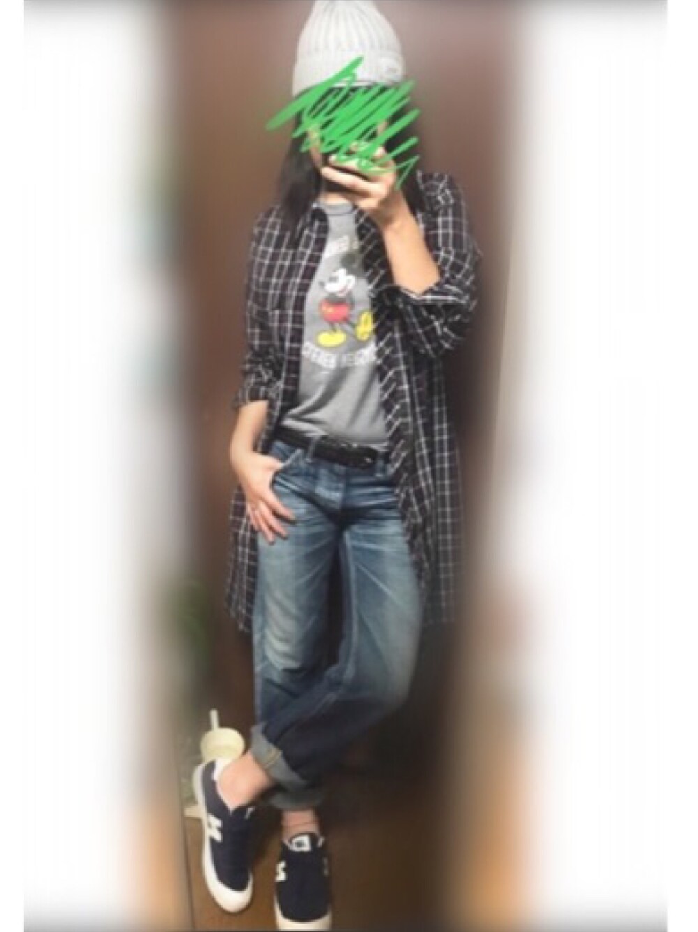 「休日スタイル、秋、秋コーデ、ロングシャツ、カジュアル、パンツスタイル、古着、デニムパンツ、ニット帽、チビーズ✳︎」｜「しまむらのアイテム（シャツ/ブラウス、その他）」を使った、★USA☆さん（レディース・154cm）の秋コーディネートの1枚目の写真