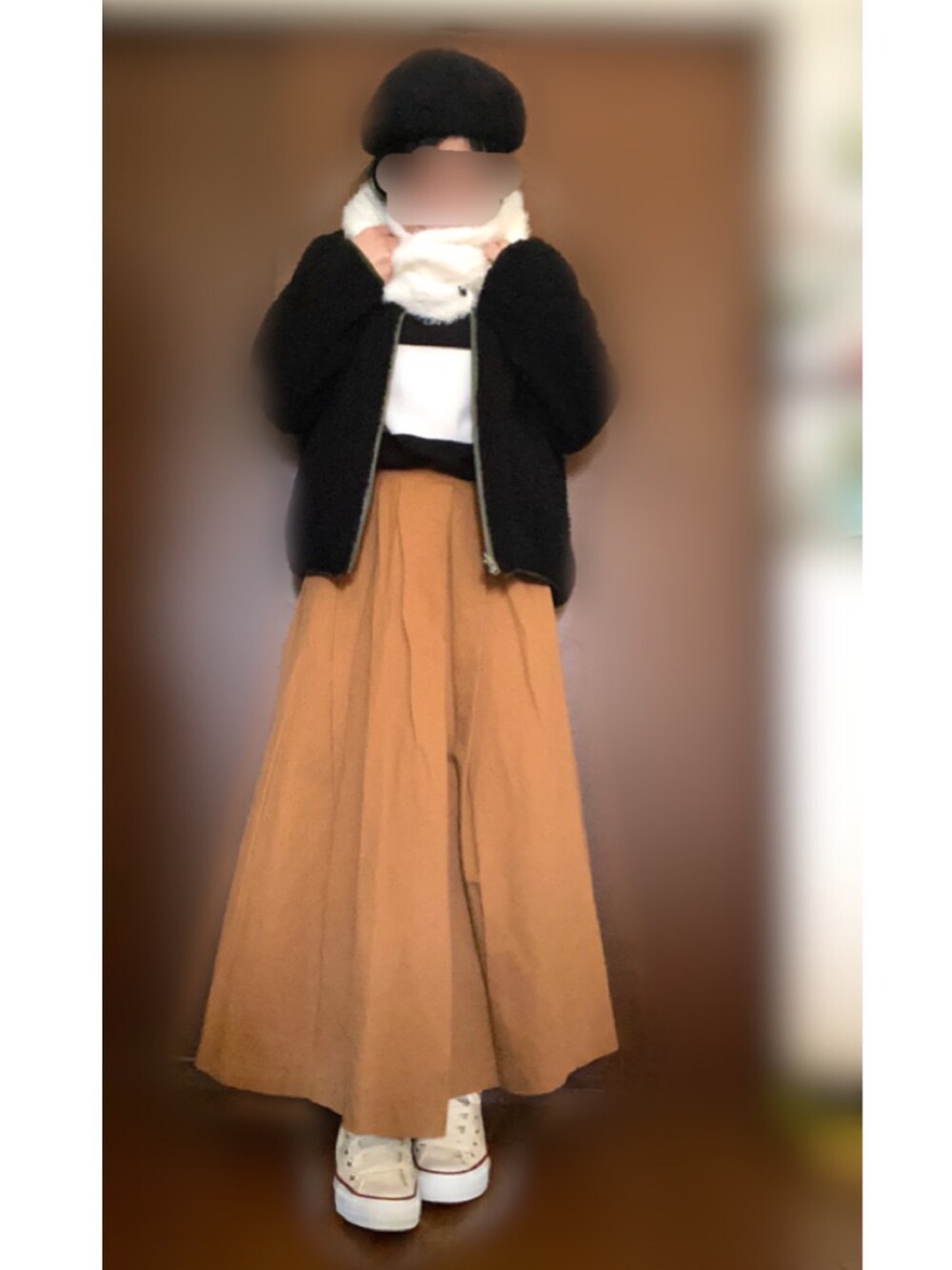 「大人カジュアル、おしゃれさんと繋がりたい、ゆるコーデ、低身長、カジュアル、冬コーデ、フレアスカート、ニット」｜「AQのアイテム（スカート、ブラウン系）」を使った、★USA☆さん（レディース・155cm）の冬コーディネートの1枚目の写真
