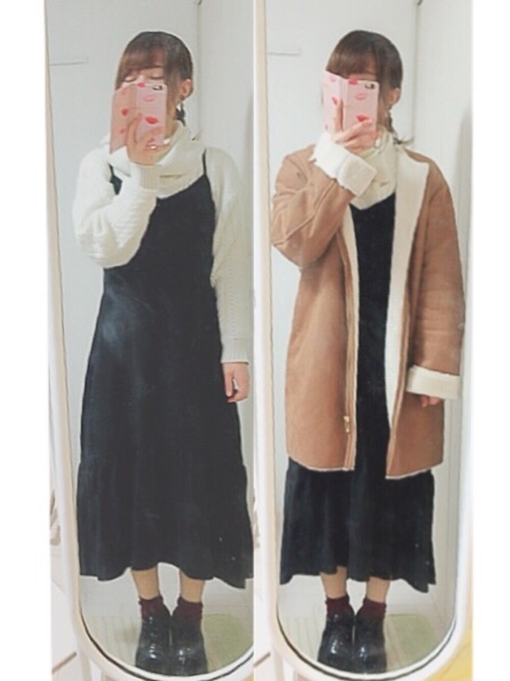 「GUの（GU）ベアマキシワンピース（ワンピース/ドレス、ブラック系）」を使った、ss*さん（レディース・150cm）の冬コーディネートの1枚目の写真