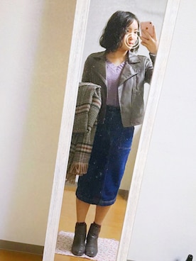 「ラベンダー」｜「アイテム（ライダースジャケット）」を使った、ｙｏｕさん（レディース・151cm）の冬コーディネート