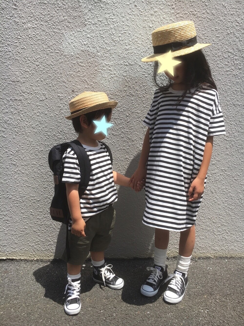 「シンプル、カジュアルコーデ、キッズファッション、リンクコーデ、ボーダー、コンバース、カンカン帽」｜「ROPE' PICNICの【ROPE' PICNIC KIDS】カンカン帽（ハット、ベージュ系）」を使った、y&y(*˘︶˘*).｡.:*♡さん（キッズ・100cm）の夏コーディネートの1枚目の写真