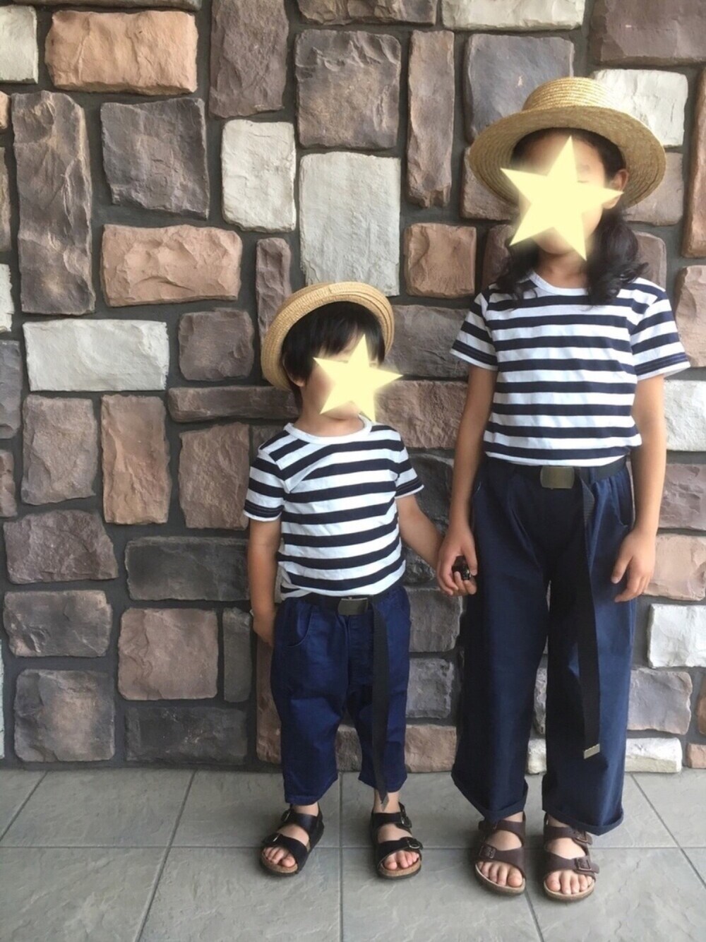 「夏コーデ、キッズファッション、ネイビー、ボーダー、リンクコーデ、カンカン帽、ガチャベルト」｜「ROPE' PICNICの【ROPE' PICNIC KIDS】カンカン帽（ハット、ベージュ系）」を使った、y&y(*˘︶˘*).｡.:*♡さん（キッズ・100cm）の夏コーディネートの1枚目の写真