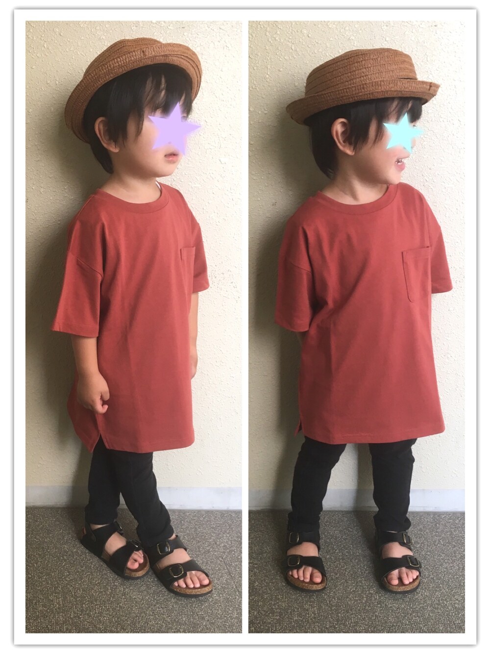 「夏コーデ、シンプル、Tシャツ、オーバーサイズ、テラコッタ、ドラビッグフェス」｜「GLOBAL WORKのキッズ【吸水速乾】ビックT半袖/746080（Tシャツ/カットソー、ブラウン系）」を使った、y&y(*˘︶˘*).｡.:*♡さん（キッズ・100cm）の夏コーディネートの1枚目の写真
