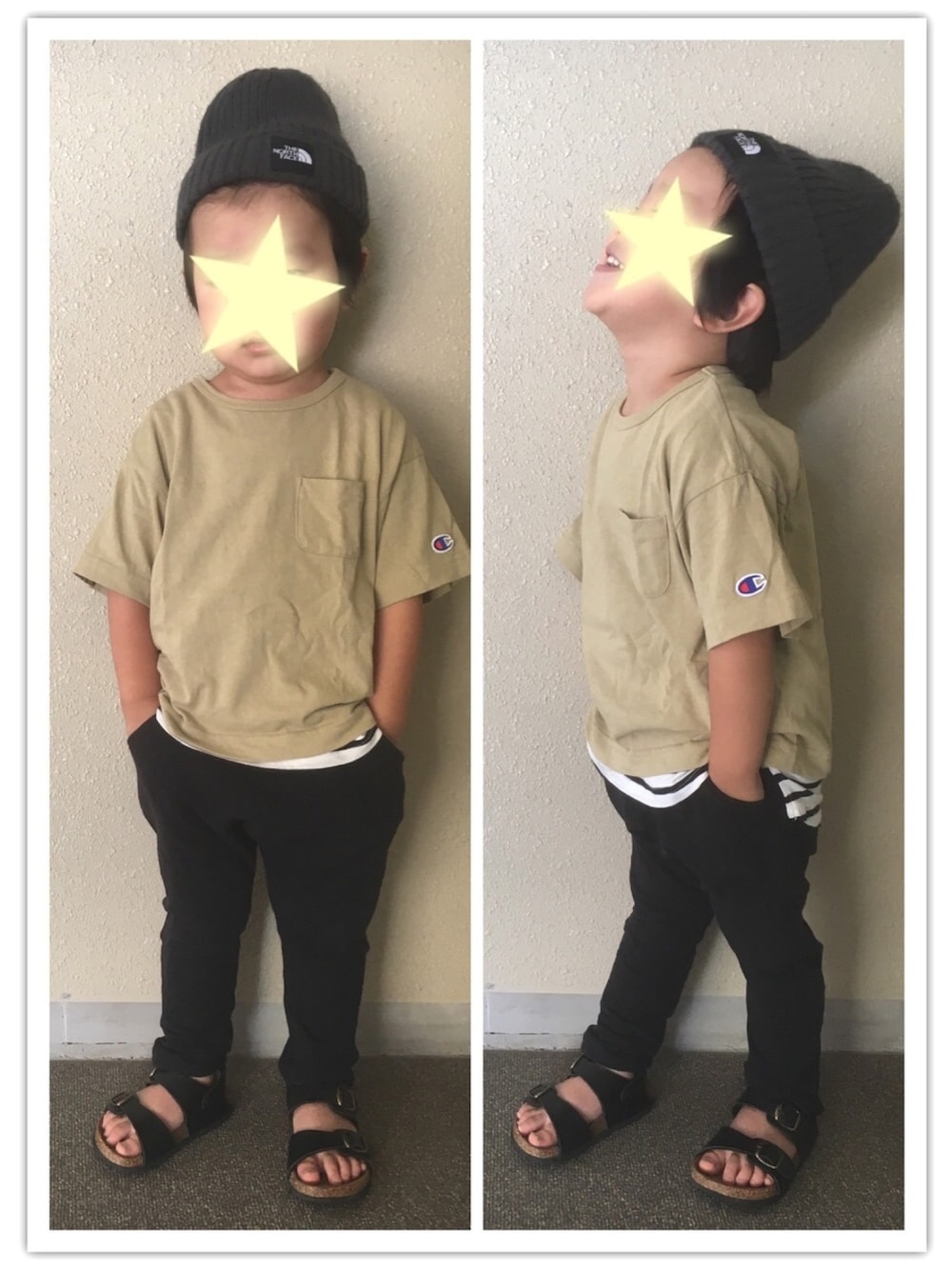 「シンプルコーデ、キッズファッション、男の子コーデ、Right-on、Champion、Tシャツ、スウェット、ニット帽、ビッグシルエット」｜「THE NORTH FACEのザ・ノース・フェイス キッズロゴニットキャップ / カプッチョリッド（ニットキャップ/ビーニー、グレー系）」を使った、y&y(*˘︶˘*).｡.:*♡さん（キッズ・100cm）の夏コーディネートの1枚目の写真
