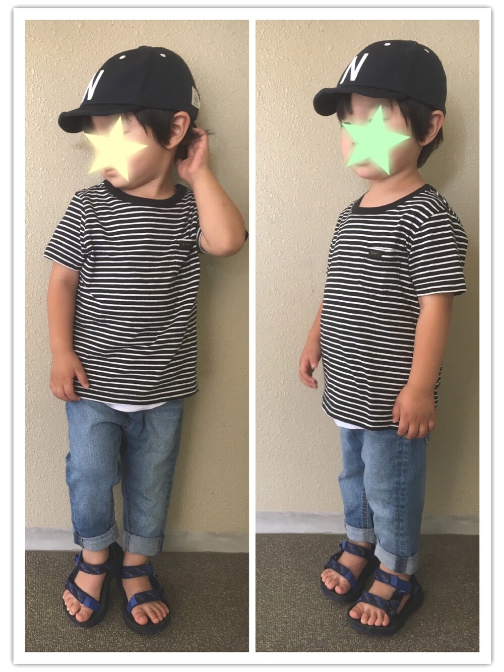 「夏コーデ、キッズファッション、男の子、シンプル、カジュアルコーデ、3歳、ボーダー、デニム、キャップ、サンダル」｜「petit mainのアルファベットモチーフロゴキャップ（キャップ、ブルー系）」を使った、y&y(*˘︶˘*).｡.:*♡さん（キッズ・100cm）の夏コーディネートの1枚目の写真