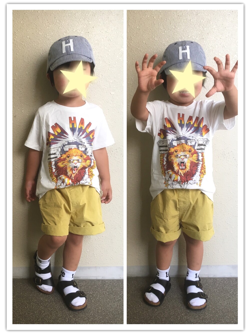 「キッズファッション、プチプラ、男の子コーデ、カジュアル、キャップ、Tシャツ、ハーフパンツ、サンダルに靴下」｜「BRANSHESのアルファベットワッペン ツイルキャップ（キャップ、グレー系）」を使った、y&y(*˘︶˘*).｡.:*♡さん（キッズ・100cm）の夏コーディネートの1枚目の写真