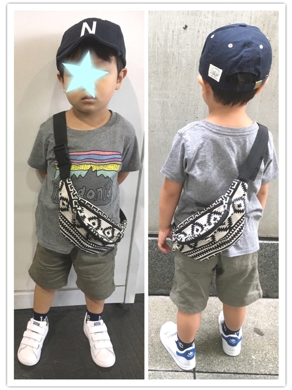「kids、夏、kidsfashion、カジュアルコーデ、ブランシェス、男の子、ハーフパンツ、Tシャツ、白スニーカー」｜「petit mainのロゴ入りキャップ（キャップ、ブルー系）」を使った、y&y(*˘︶˘*).｡.:*♡さん（キッズ・100cm）の夏コーディネートの1枚目の写真