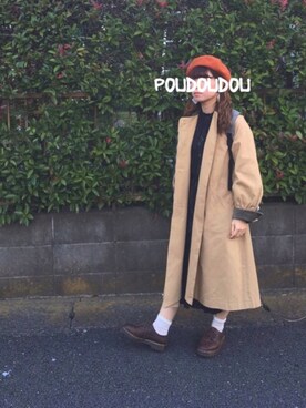 「POU DOU DOU（プードゥドゥ）のアイテム（ステンカラーコート）」を使った、りなぴ。＊さん（レディース・154cm）の秋コーディネート