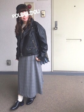 「POU DOU DOU（プードゥドゥ）のアイテム（ライダースジャケット）」を使った、りなぴ。＊さん（レディース・154cm）の春コーディネート