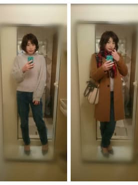 「袖ボリューム」｜「アイテム（チェスターコート）」を使った、えっつんさん（レディース・158cm）の冬コーディネート