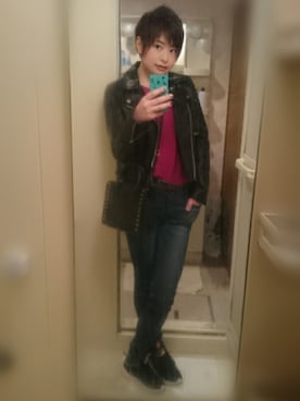 「寒い」｜「アイテム（ライダースジャケット）」を使った、えっつんさん（レディース・158cm）の冬コーディネート