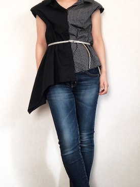 「Ungrid（アングリッド）のインディゴフレイドヘムストスリ（デニムパンツ）」を使った、ちぃさん（レディース・154cm）の夏コーディネート