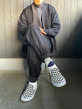 「ジョガーパンツ」｜「アイテム（ノーカラージャケット）」を使った、naruさん（メンズ・172cm）の冬コーディネート