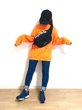 「FLAGSTUFF（フラグスタフ）のアイテム（帽子）」を使った、𝐩𝐨𝐧𝐢さん（レディース・157cm）の春コーディネート