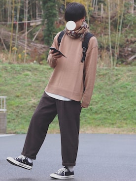 「act'm（アクトム）のアイテム（ニット/セーター）」を使った、DAISUKE.さん（メンズ・177cm）の冬コーディネート