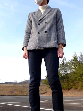 「MGV（エムジーヴィー）の【MGV】グレンチェックオーバーサイズショート丈ダブルジャケット（ピーコート、グレー系）」を使った、焼きうどんさん（メンズ・178cm）の冬コーディネート