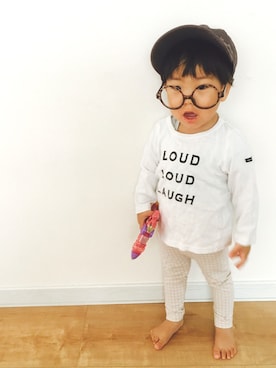 「アイテム（キャスケット、パープル系）」を使った、8-sukeさん（キッズ・100cm）の春コーディネート