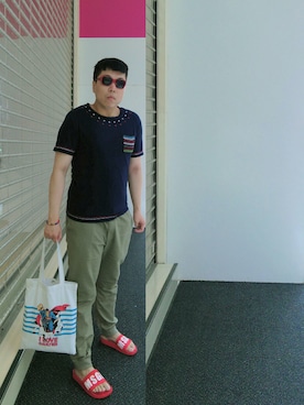 「MSGM（エムエスジーエム）のアイテム（サンダル）」を使った、Panda Ngさん（メンズ・179cm）の夏コーディネート