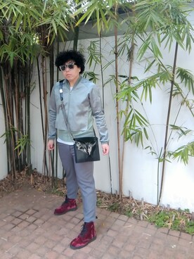 「asos（エイソス）のアイテム（ライダースジャケット）」を使った、Panda Ngさん（メンズ・180cm）の冬コーディネート