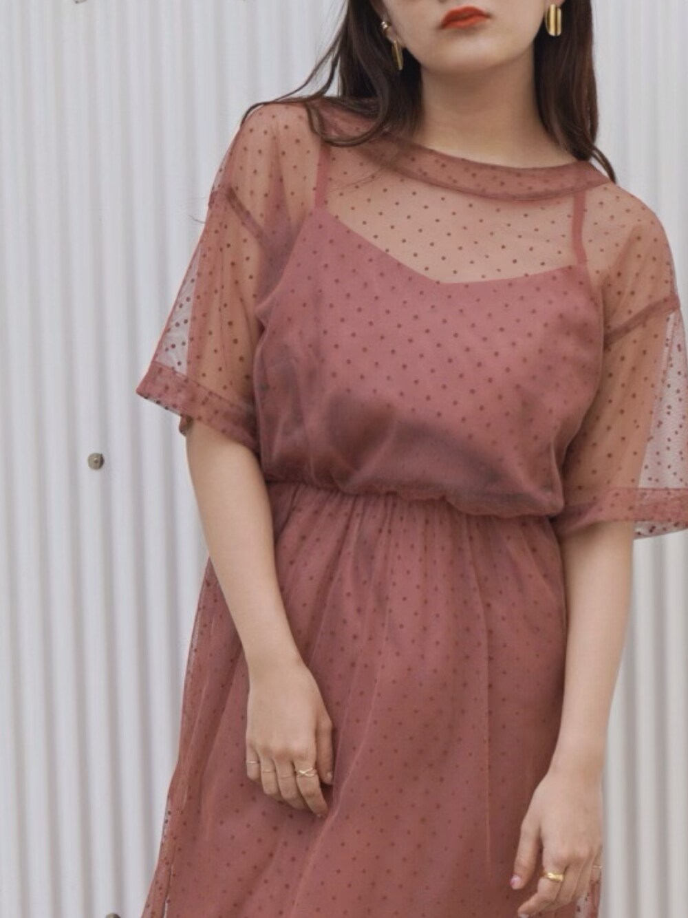 「ドット、オケージョン、二次会、結婚式二次会スタイル、二次会コーデ、お呼ばれスタイル、結婚式 ワンピース、夏ワンピース、チュールワンピース、結婚式ドレス」｜「kaeneの100443 / ドットチュールキャミワンピース（ワンピース、その他）」を使った、kaeneSTAFFさん（レディース・155cm）の春コーディネートの1枚目の写真