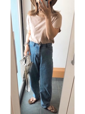 「ハイウエストストレートジーンズ」｜「アイテム（アクセサリー）」を使った、hanamama87さん（レディース・155cm）の夏コーディネート