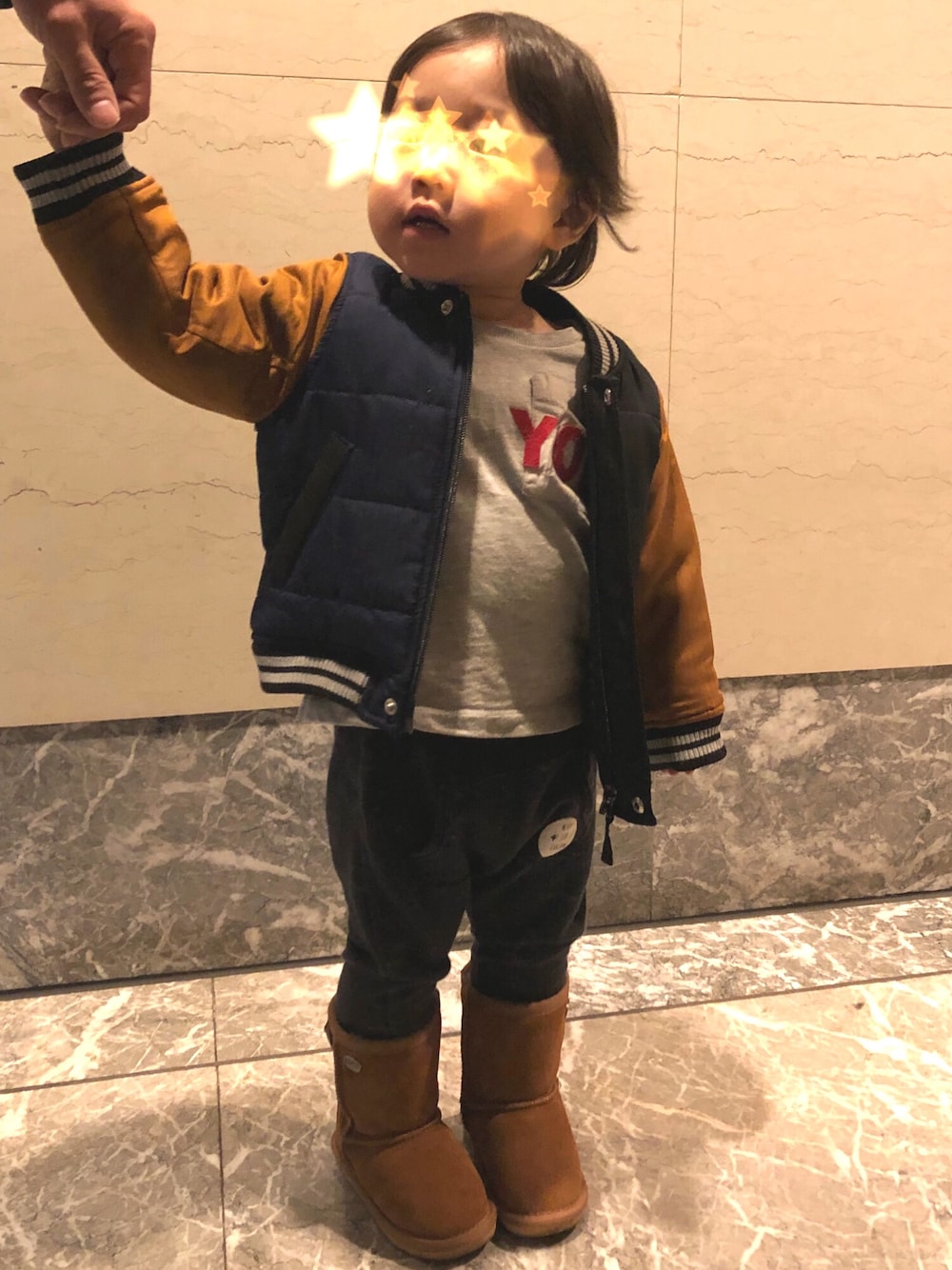 「おとこのこ、1歳6ヶ月、キッズコーデ、冬コーデ」｜「F.O.KIDSのNewスタジャン（スタジャン、その他）」を使った、oshomaさん（キッズ・80cm）の冬コーディネートの1枚目の写真