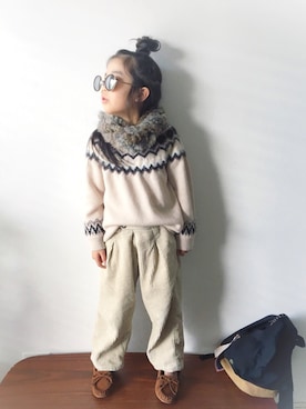 「アイテム（モカシン/デッキシューズ）」を使った、nanaさん（キッズ・110cm）の冬コーディネート