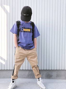 「LEGURUS STANDARD（レグルススタンダード）のサイドラインストレッチテーパード（その他パンツ）」を使った、nanaさん（キッズ・120cm）の春コーディネート