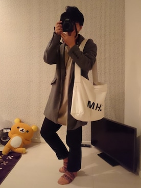 「MHL.」｜「アイテム（ダウンジャケット/コート）」を使った、うめしゃん。さん（メンズ・160cm）の秋コーディネート